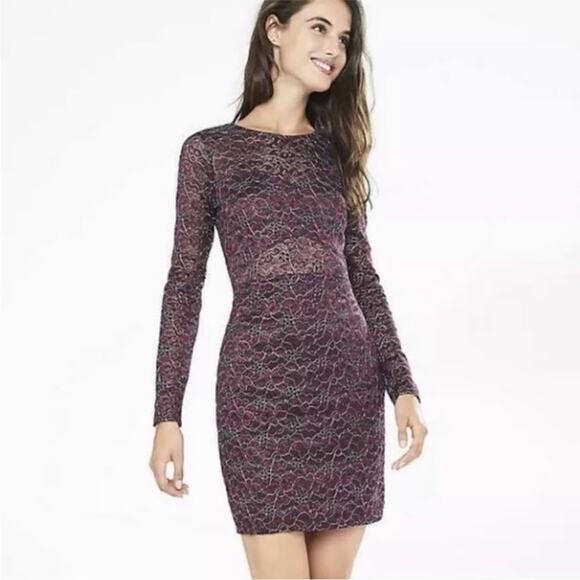 Express Floral Metallic Lace Long Sleeve Dress Purple Womens Sz M Party Preppy - Picture 1 of 12
